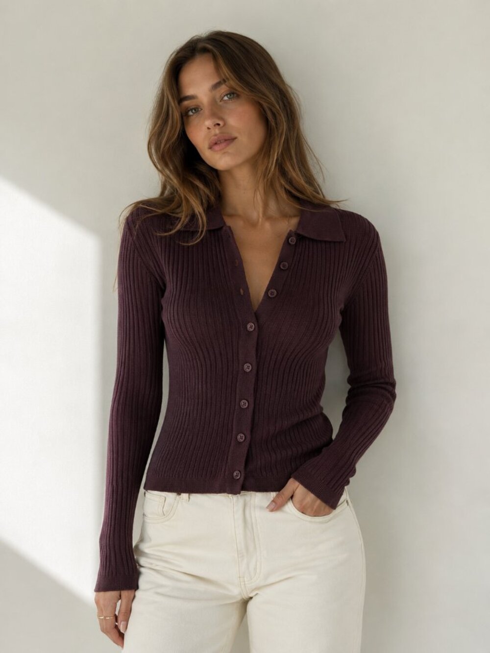 Open Edit Merino Wool Ribbed Collared Cardigan Brown S